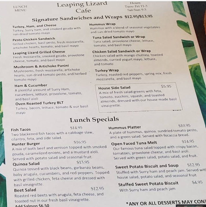 Leaping Lizard Cafe Restaurant Menu – Fresh Brunch & Lunch in Virginia ...