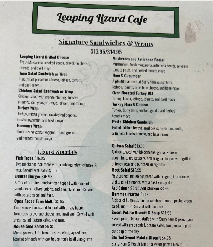 Leaping Lizard Cafe Restaurant Menu – Fresh Brunch & Lunch in Virginia ...